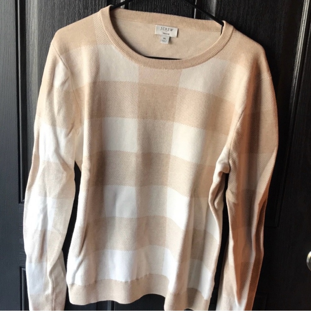 J Crew Teddy Sweater, cotton, ivory& tan buffalo check- plaid, women’s medium